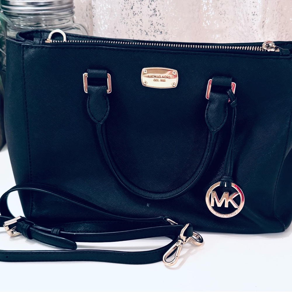 Michael Kors Kellen Black Satchel with Gold Accents and Crossbody strap